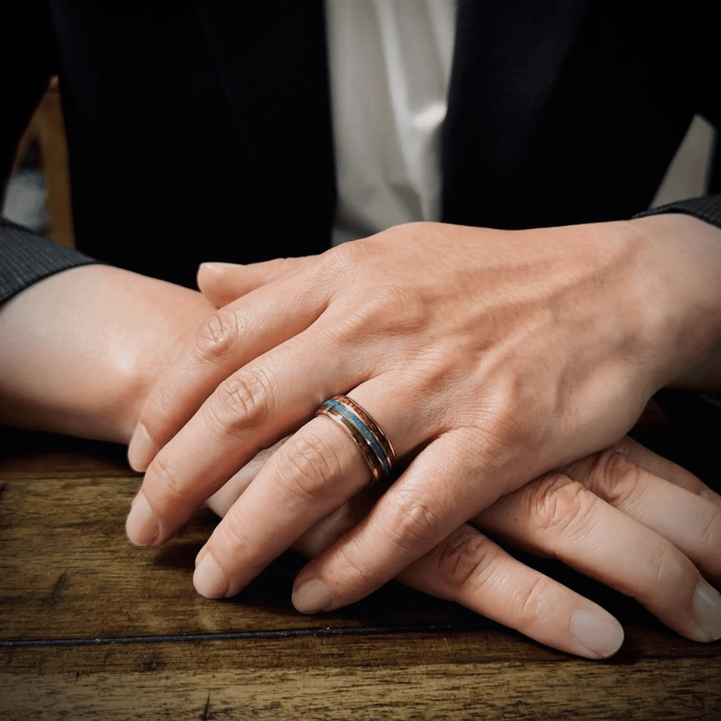 Rose Gold Wedding Band Ring for Men and Women Tungsten Carbide Blue Teal Opal with Wood Stripe Engagement Ring - Jewelry Store by Erik Rayo