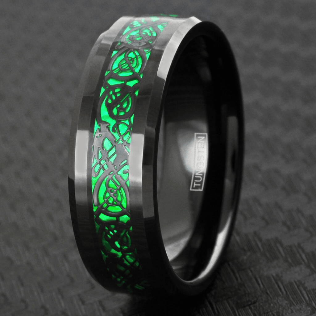 Unique Black Tungsten Carbide Wedding Band Ring for Men & Women – Green Celtic Dragon Design - Jewelry Store by Erik Rayo