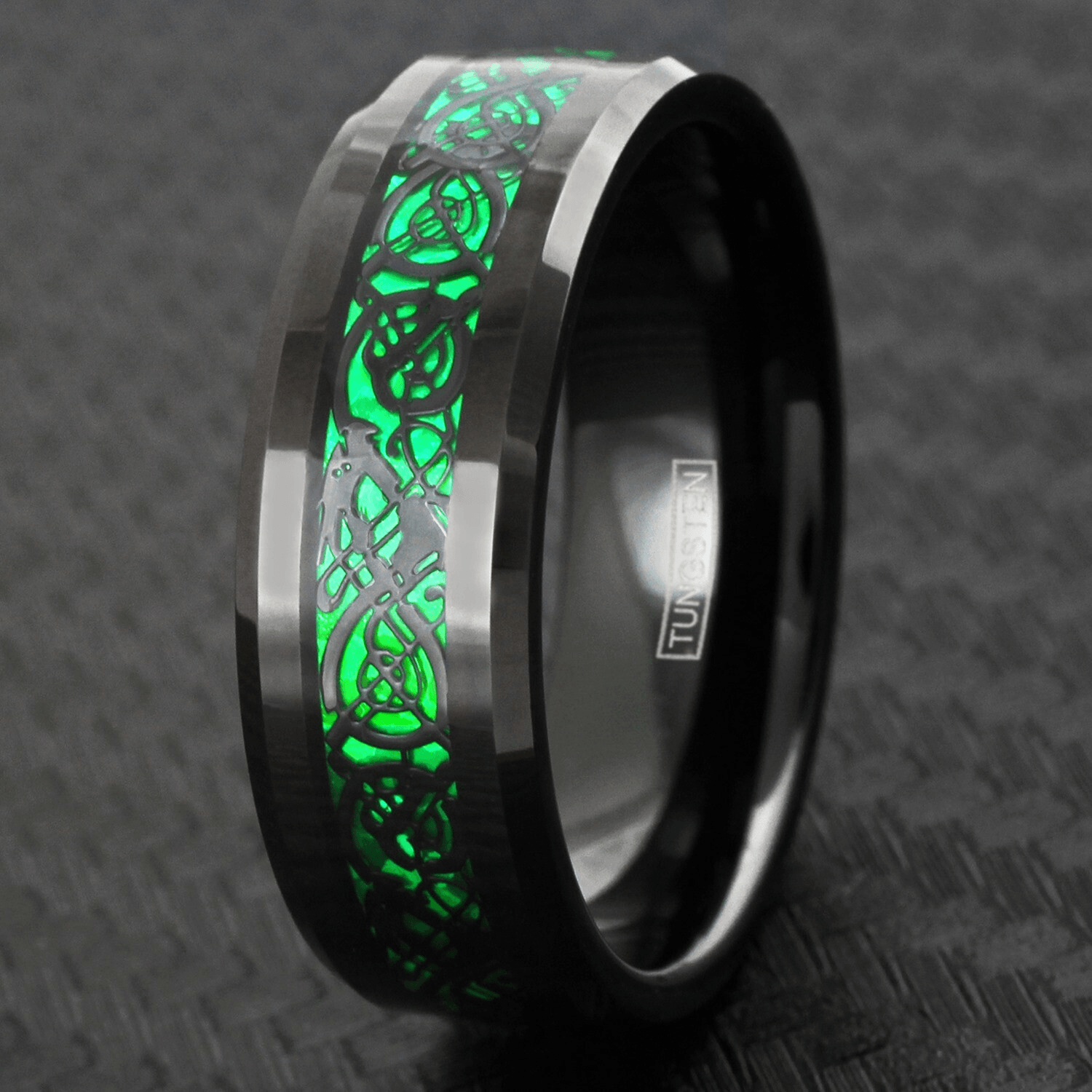 Unique Black Tungsten Carbide Wedding Band Ring for Men & Women – Green Celtic Dragon Design - Jewelry Store by Erik Rayo