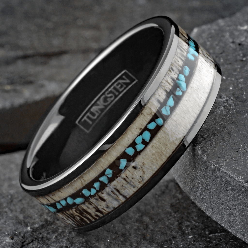 Deer Antler Turquoise Wedding Band Ring for Men Tungsten Carbide Men's Engagement Ring - Jewelry Store by Erik Rayo