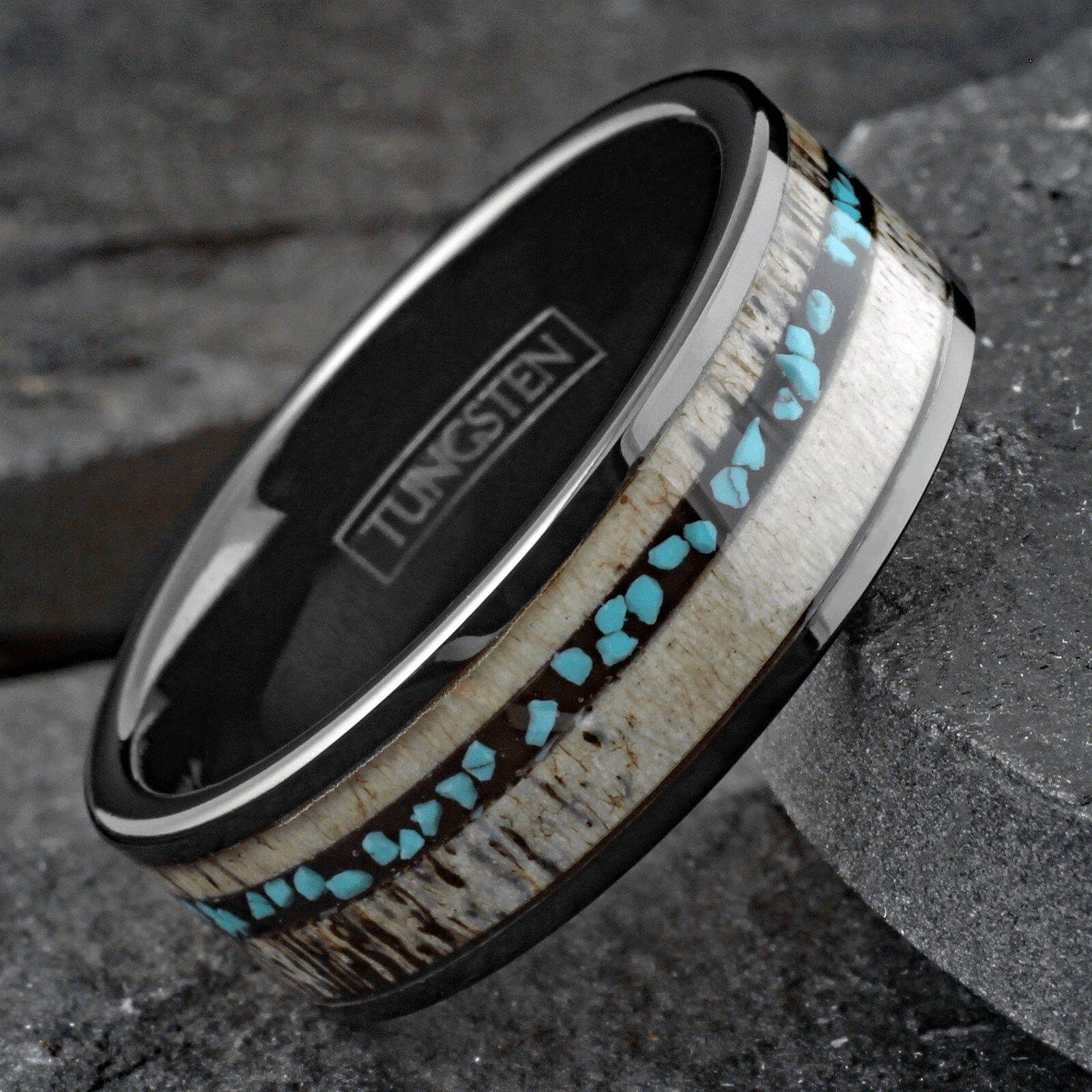 Deer Antler Turquoise Wedding Band Ring for Men Tungsten Carbide Men's Engagement Ring - Jewelry Store by Erik Rayo