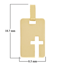 Load image into Gallery viewer, Italian 14k Yellow Gold  Cross Cut Out Disc Rectangle Charm Pendant 0.5 gram
