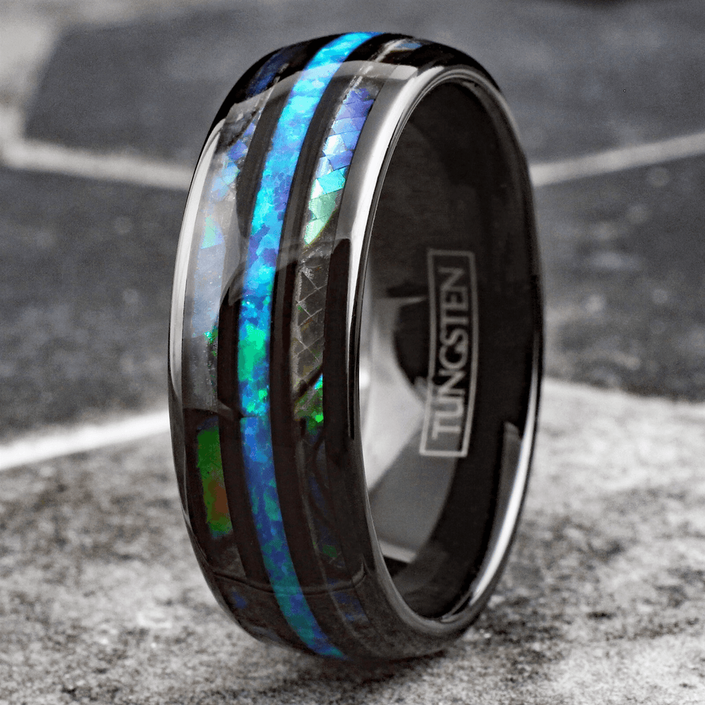 Hawaiian Blue Opal Tungsten Carbide Wedding Band Ring for Men & Women – Black & Abalone Design - Jewelry Store by Erik Rayo