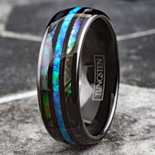 Load image into Gallery viewer, Hawaiian Blue Opal Wedding Band Ring for Men Black Tungsten Carbide Abalone Men&#39;s Wedding Band
