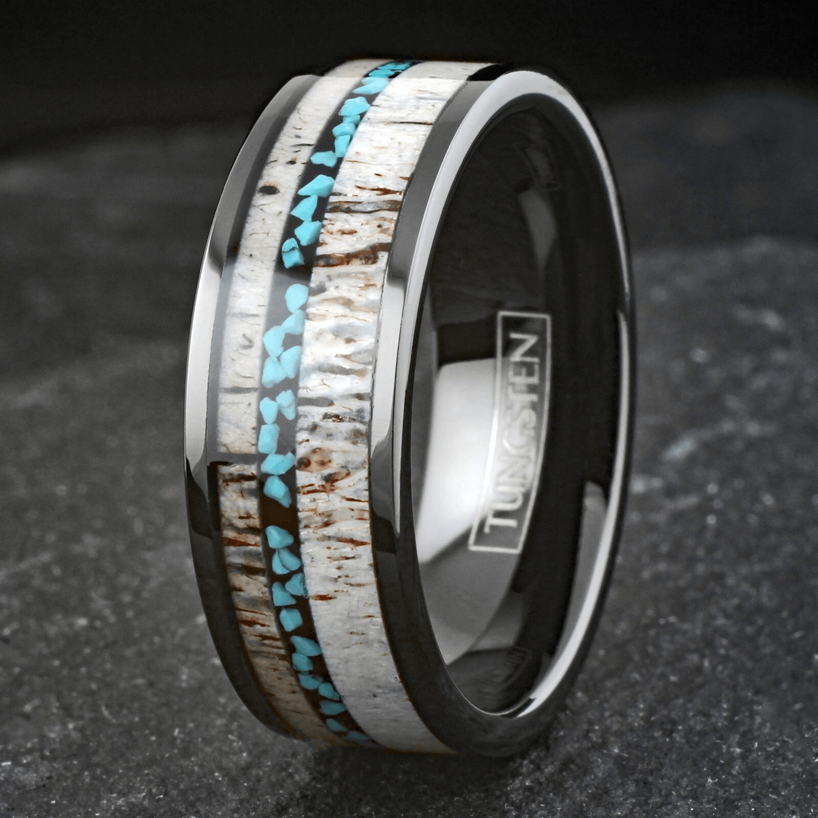 Deer Antler Turquoise Wedding Band Ring for Men Tungsten Carbide Men's Engagement Ring - Jewelry Store by Erik Rayo