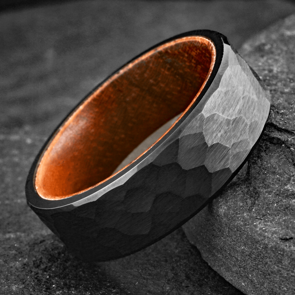 Wedding Band Ring Black Brushed Hammered Tungsten Carbide Ring with Rosewood - Jewelry Store by Erik Rayo