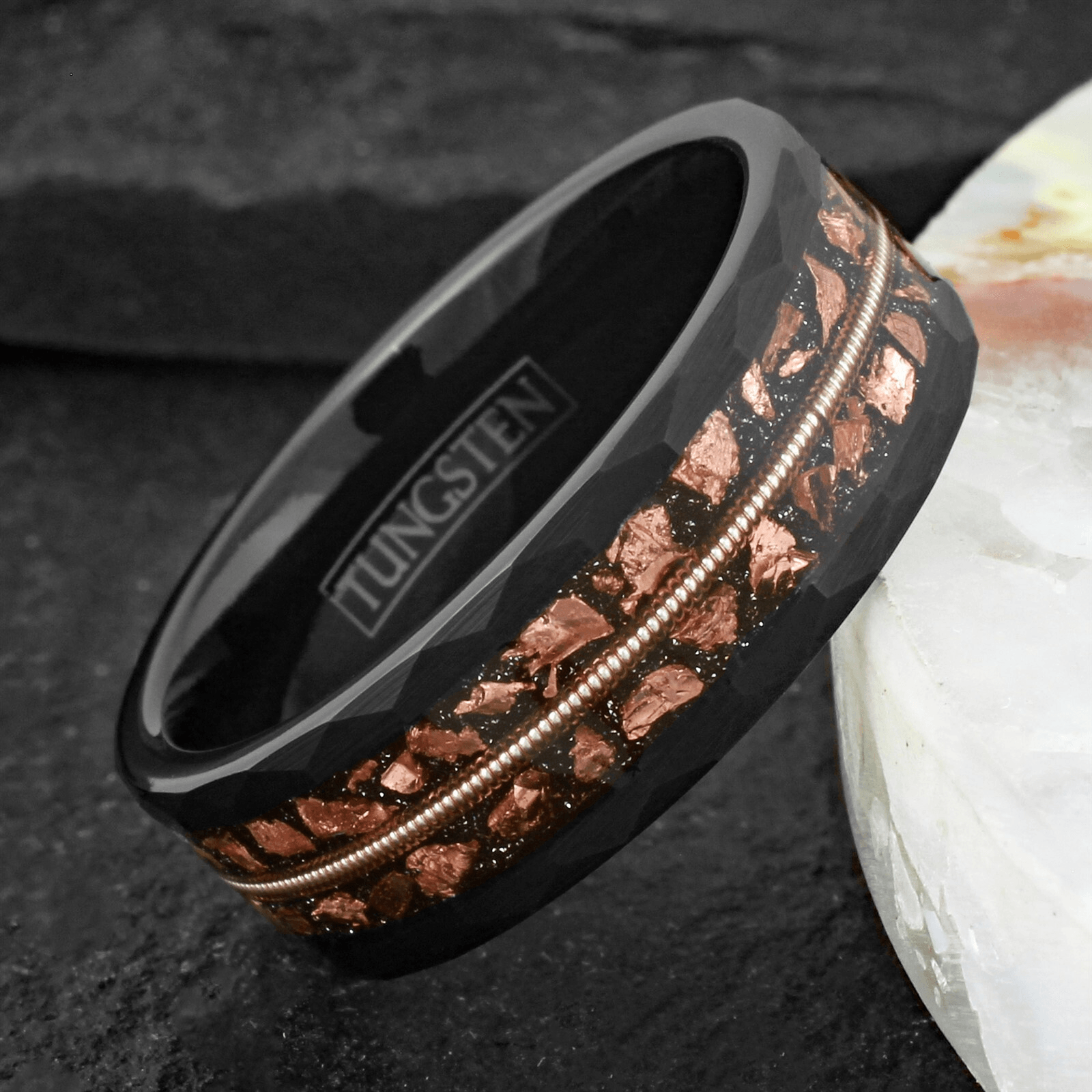 Meteorite Guitar String Wedding Band Ring for Men Black Tungsten Carbide Engagement Ring