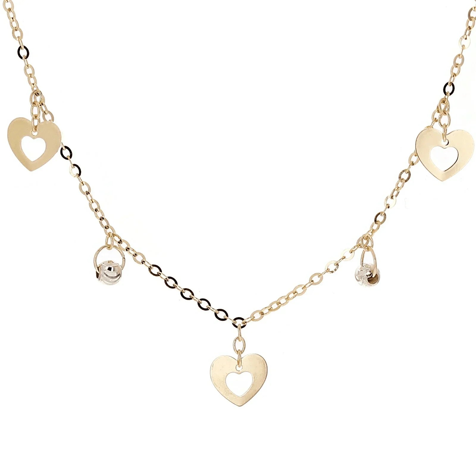 Italian 14k Two Tone Gold Ball Bead & Heart Charm Necklace 16.5" 2.1 grams - Jewelry Store by Erik Rayo