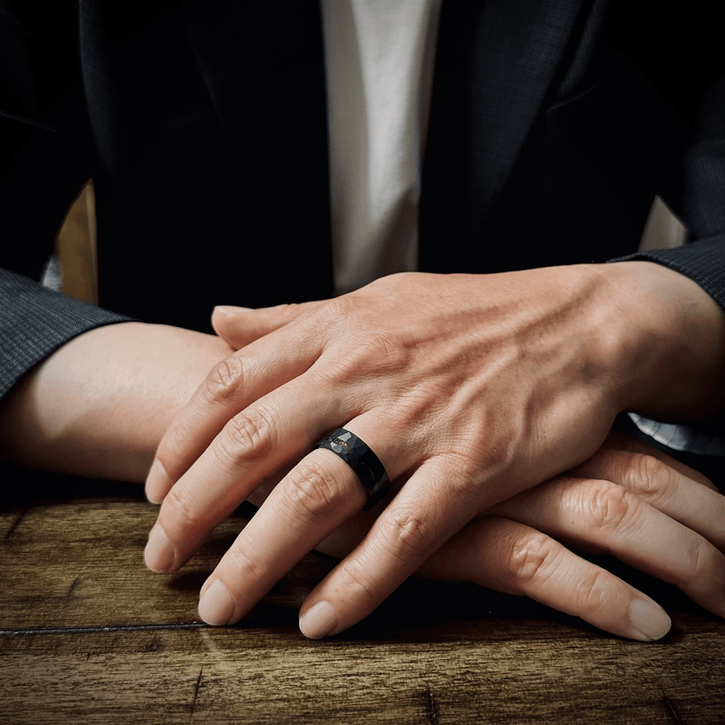 Black Faceted Wedding Band Ring for Men Tungsten Carbide Red Opal Off-Center Stripe - Jewelry Store by Erik Rayo