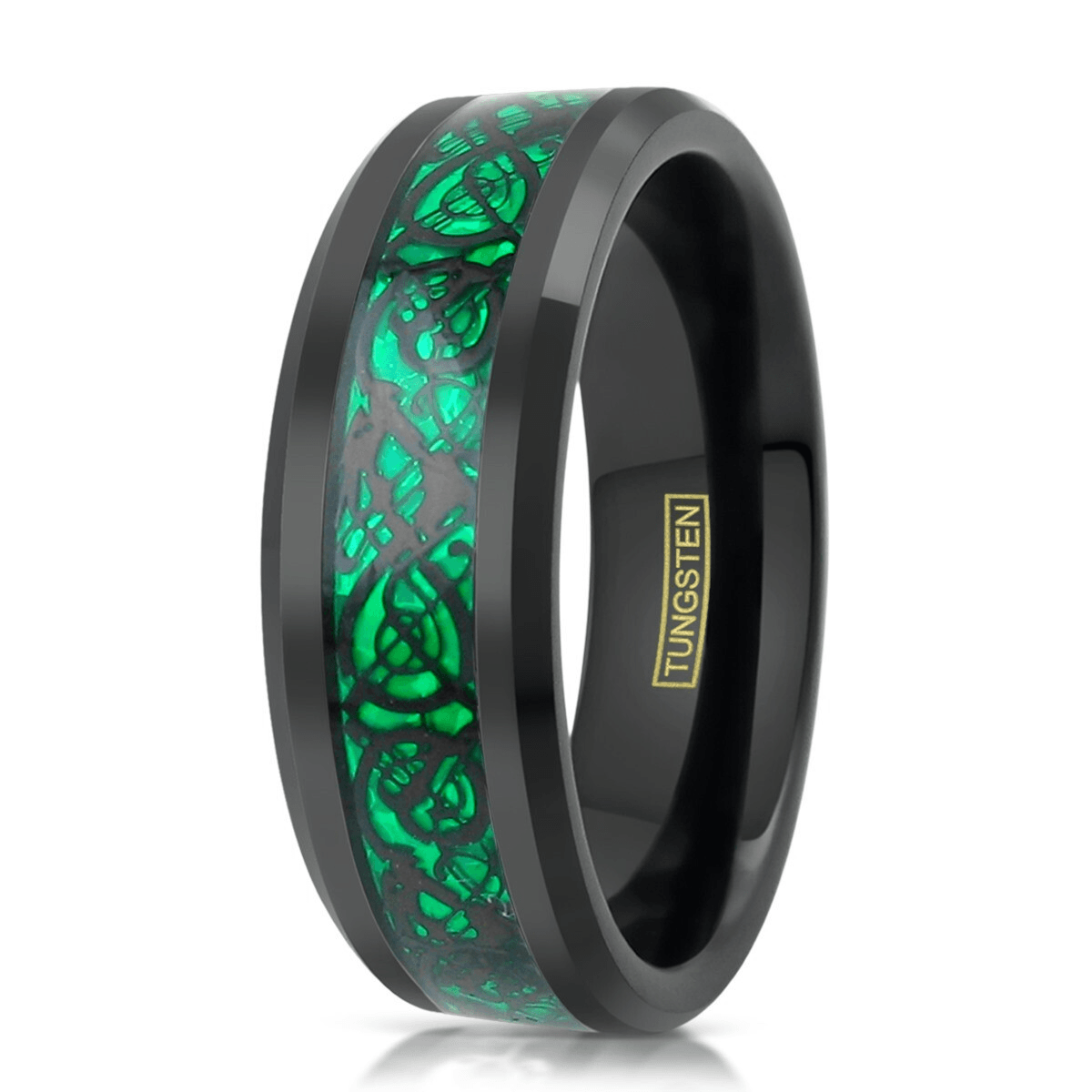 Unique Black Tungsten Carbide Wedding Band Ring for Men & Women – Green Celtic Dragon Design - Jewelry Store by Erik Rayo