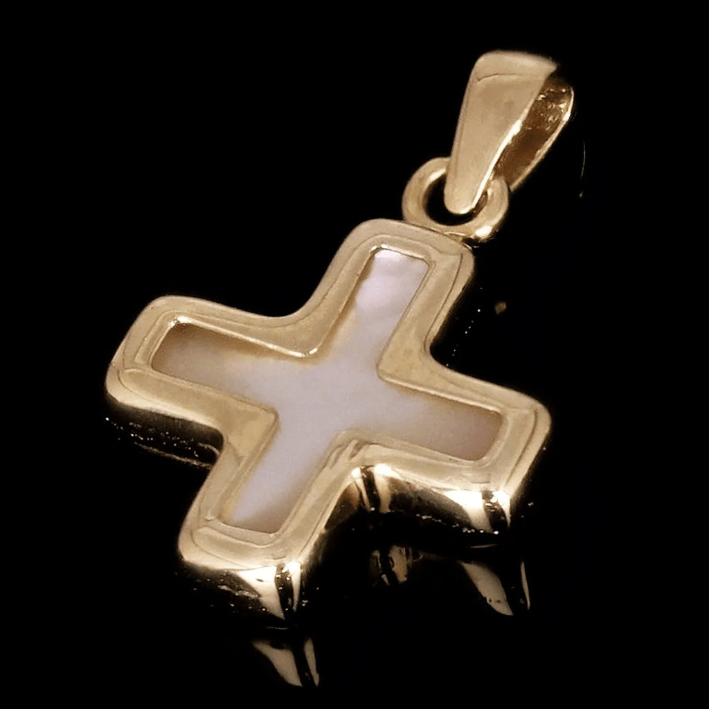 Italian 14k Yellow Gold Mother of Pearl Cross Charm Pendant 18.9mm x 11.9mm 0.8g - Jewelry Store by Erik Rayo