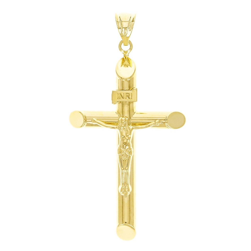 Italian 14k Yellow Gold Hollow INRI Crucifix Cross Charm Pendant 1.7