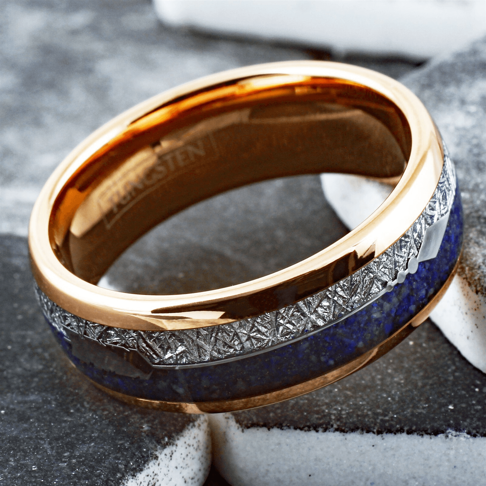 Rose Gold Tungsten Carbide Wedding Band Ring for Men & Women – Meteorite & Blue Lapis Lazuli Inlay Design