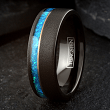 Load image into Gallery viewer, Blue Teal Opal Meteorite Wedding Band Ring for Men with Guitar String Black Rose Gold Tungsten Carbide
