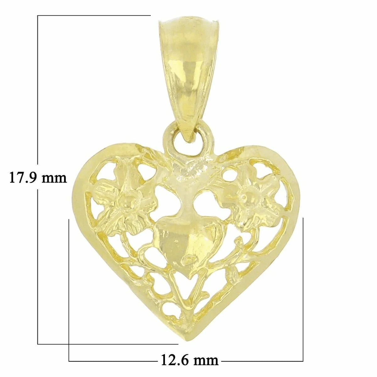 14k Yellow Gold Solid Filigree Heart with Flowers Charm Pendant 0.8 gram - Jewelry Store by Erik Rayo