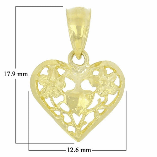 14k Yellow Gold Solid Filigree Heart with Flowers Charm Pendant 0.8 gram - Jewelry Store by Erik Rayo