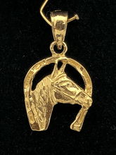 Load image into Gallery viewer, 14k Yellow Gold Solid Horse Face Horse Shoe Charm Pendant 1 gram
