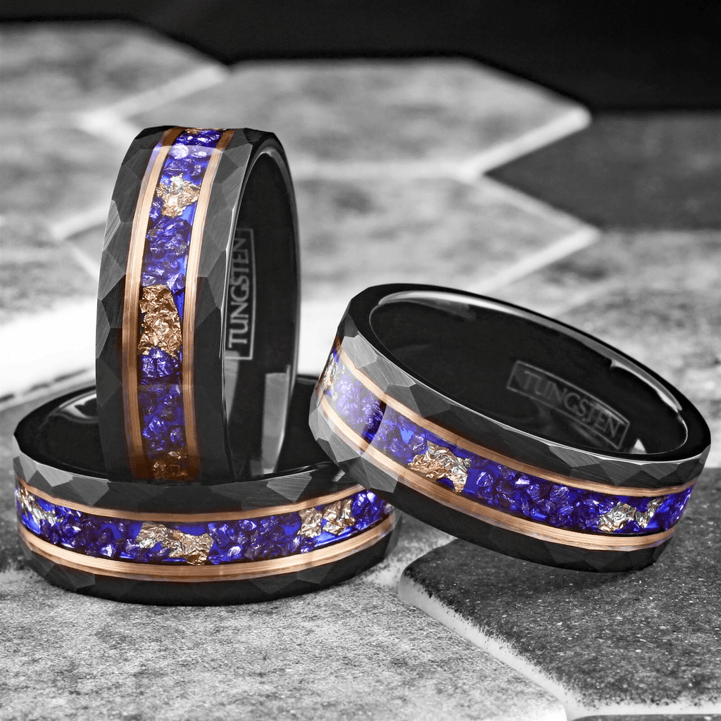 Black Tungsten Carbide Wedding Band Ring for Men & Women – Blue Opal & 24K Gold Leaf Inlay Design - Jewelry Store by Erik Rayo