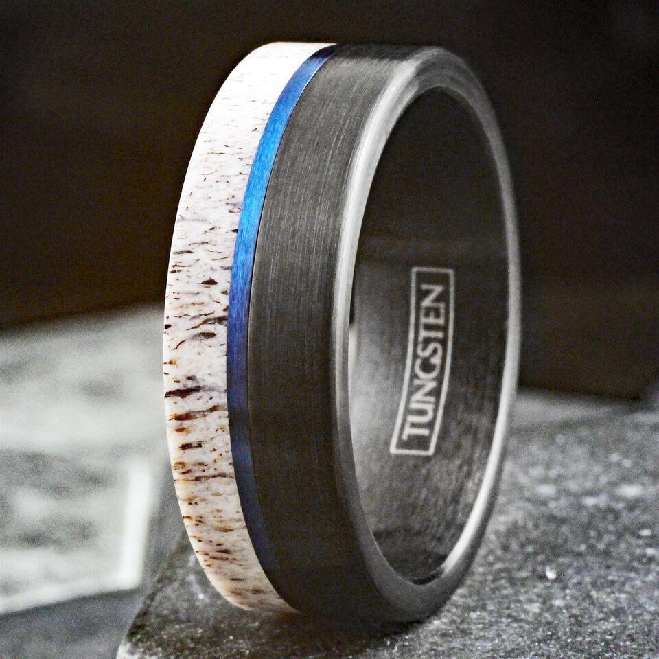 Men's Wedding Band Rings - Black Blue Deer Antler Design - Wedding Rings for Men and Women - Jewelry Store by Erik Rayo