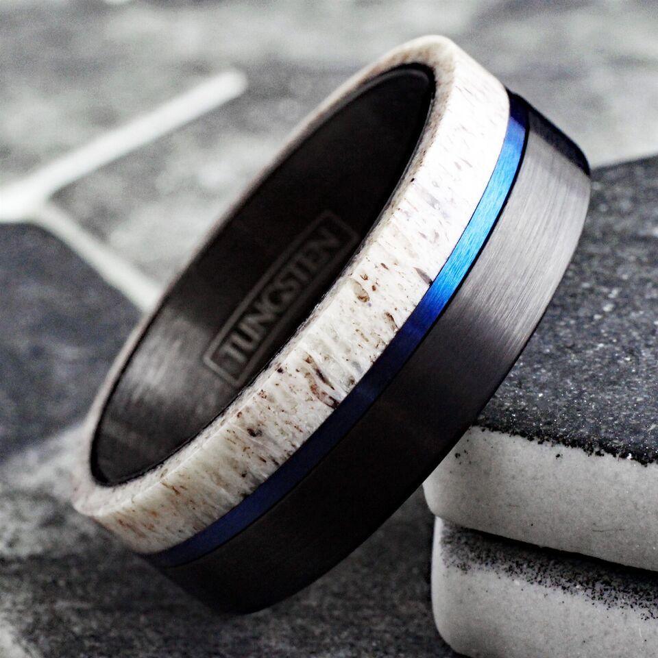 Men's Wedding Band Rings - Black Blue Deer Antler Design - Wedding Rings for Men and Women - Jewelry Store by Erik Rayo