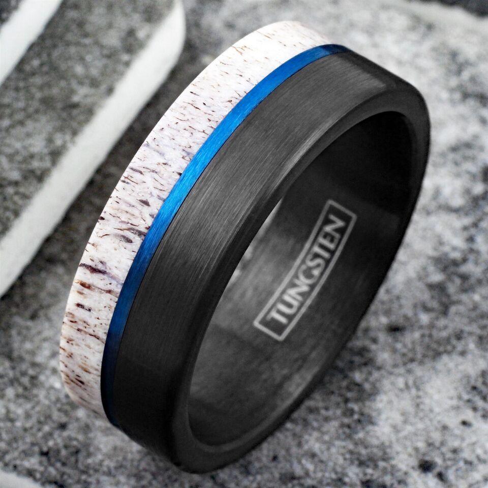 Men's Wedding Band Rings - Black Blue Deer Antler Design - Wedding Rings for Men and Women - Jewelry Store by Erik Rayo