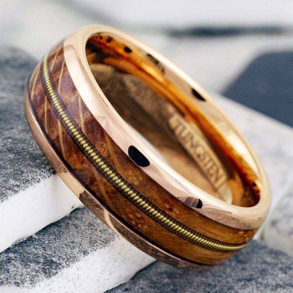Men's Wedding Band Rings | Rose Gold Whiskey Barrel Wood Guitar Design | Wedding Rings for Men and Women - Jewelry Store by Erik Rayo