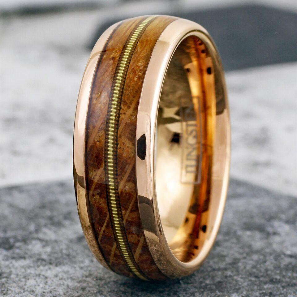 Men's Wedding Band Rings | Rose Gold Whiskey Barrel Wood Guitar Design | Wedding Rings for Men and Women - Jewelry Store by Erik Rayo