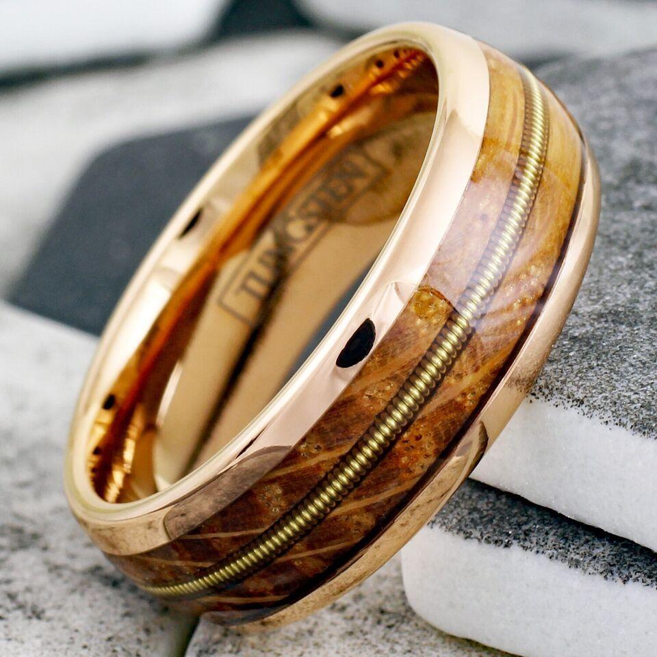 Men's Wedding Band Rings | Rose Gold Whiskey Barrel Wood Guitar Design | Wedding Rings for Men and Women - Jewelry Store by Erik Rayo