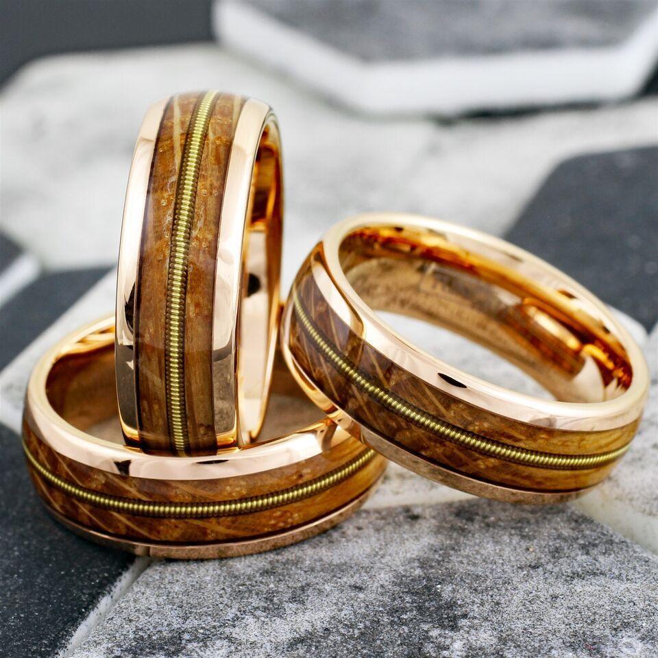 Men's Wedding Band Rings | Rose Gold Whiskey Barrel Wood Guitar Design | Wedding Rings for Men and Women - Jewelry Store by Erik Rayo
