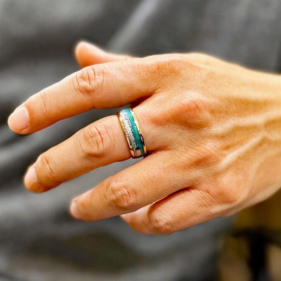 Men's Wedding Band Ring - Rose Gold Faux Blue Opal & Meteorite - Wedding Rings for Men & Women - Jewelry Store by Erik Rayo