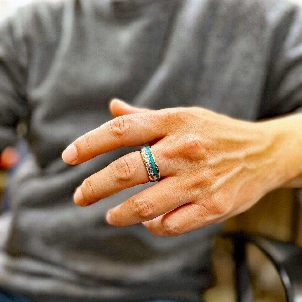 Mens Wedding Band Rings for Men Wedding Rings for Womens / Mens Rings Rose Gold Faux Blue Opal & Meteorite - Jewelry Store by Erik Rayo