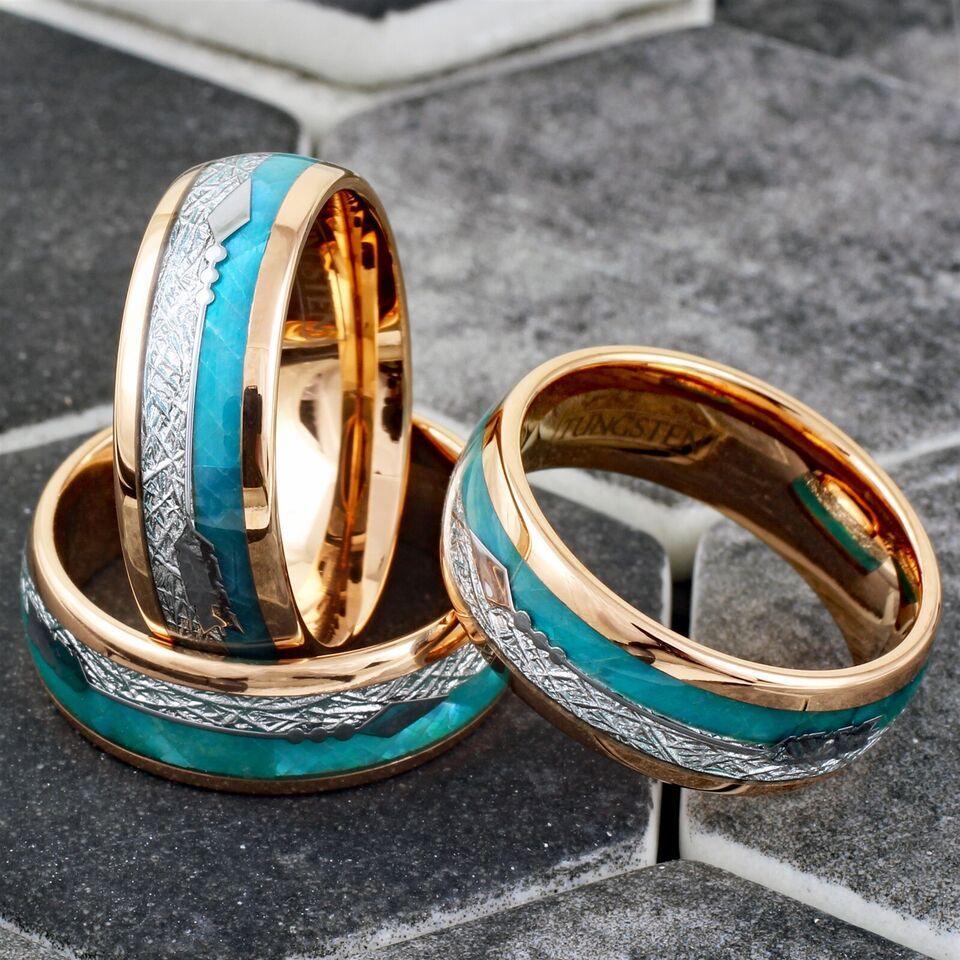 Mens Wedding Band Rings for Men Wedding Rings for Womens / Mens Rings Rose Gold Faux Blue Opal & Meteorite - Jewelry Store by Erik Rayo