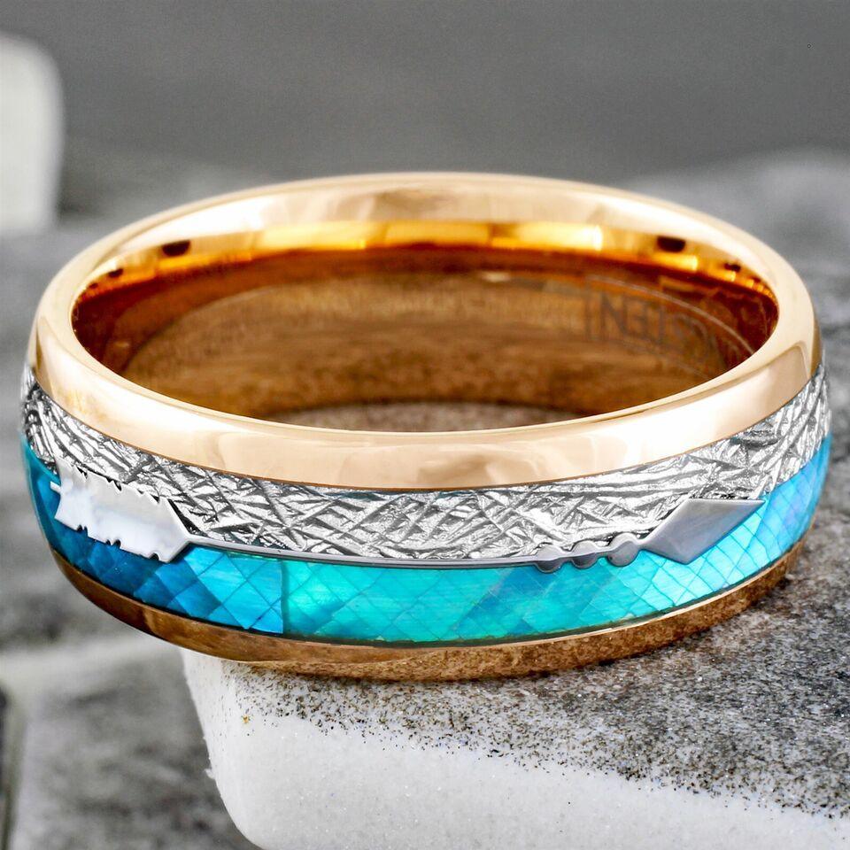 Men's Wedding Band Ring - Rose Gold Faux Blue Opal & Meteorite - Wedding Rings for Men & Women - Jewelry Store by Erik Rayo