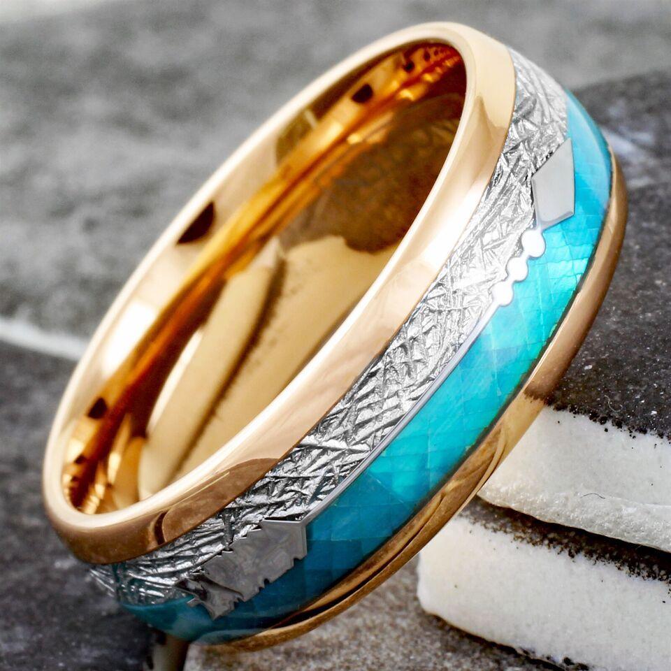 Men's Wedding Band Ring - Rose Gold Faux Blue Opal & Meteorite - Wedding Rings for Men & Women - Jewelry Store by Erik Rayo