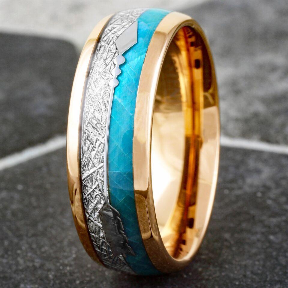 Mens Wedding Band Rings for Men Wedding Rings for Womens / Mens Rings Rose Gold Faux Blue Opal & Meteorite - Jewelry Store by Erik Rayo