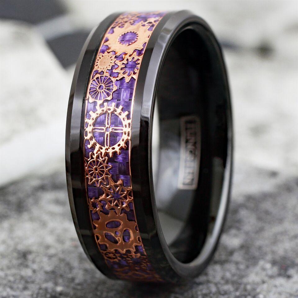 Men's Wedding Band Rings - Black Rose Gold Plated Steampunk Clockwork Gears Purple - Wedding Rings for Men and Women - Jewelry Store by Erik Rayo