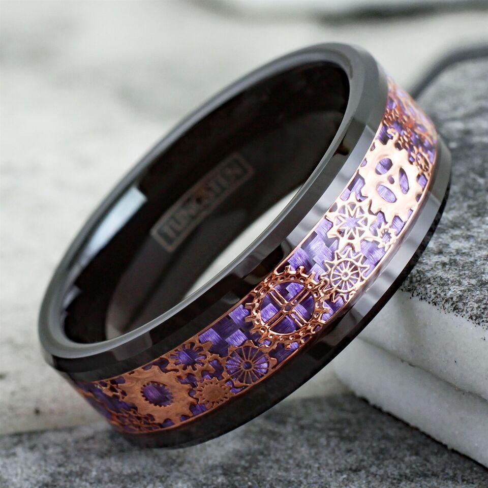 Men's Wedding Band Rings - Black Rose Gold Plated Steampunk Clockwork Gears Purple - Wedding Rings for Men and Women - Jewelry Store by Erik Rayo
