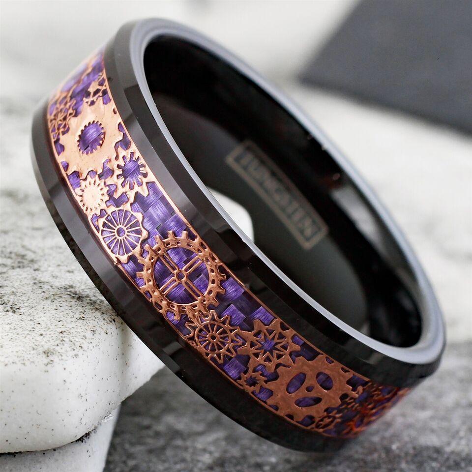 Men's Wedding Band Rings - Black Rose Gold Plated Steampunk Clockwork Gears Purple - Wedding Rings for Men and Women - Jewelry Store by Erik Rayo