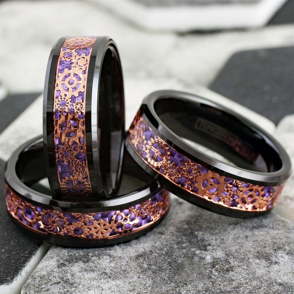 Men's Wedding Band Rings - Black Rose Gold Plated Steampunk Clockwork Gears Purple - Wedding Rings for Men and Women - Jewelry Store by Erik Rayo
