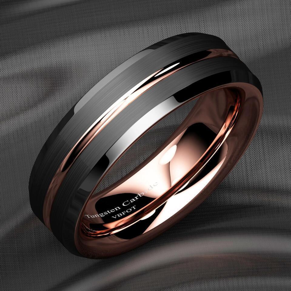 Tungsten Wedding Bands for Women 6mm Black Brushed Rose Gold Rings - Stylish Rings for Her - Jewelry Store by Erik Rayo
