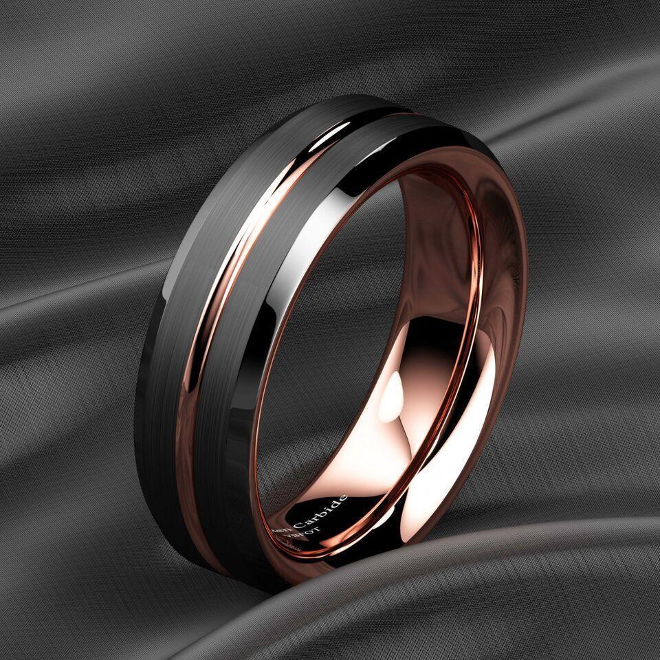 Tungsten Wedding Bands for Women 6mm Black Brushed Rose Gold Rings - Stylish Rings for Her - Jewelry Store by Erik Rayo