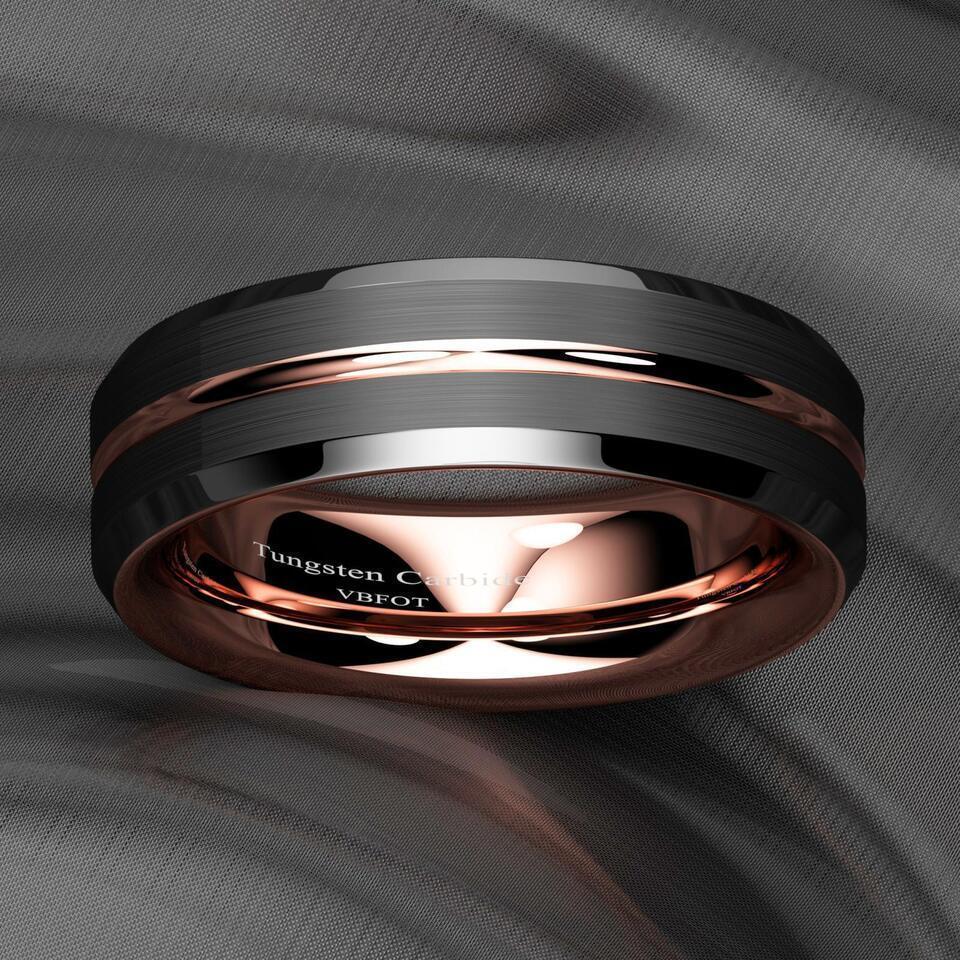 Tungsten Wedding Bands for Women 6mm Black Brushed Rose Gold Rings - Stylish Rings for Her - Jewelry Store by Erik Rayo