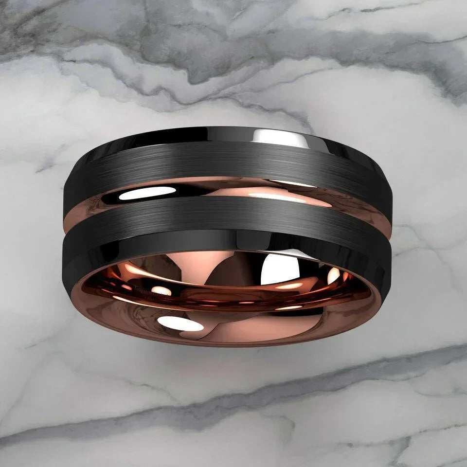 Men’s Black Brushed Rose Gold Wedding Band Ring - Classic Wedding Rings for Men & Women - Jewelry Store by Erik Rayo