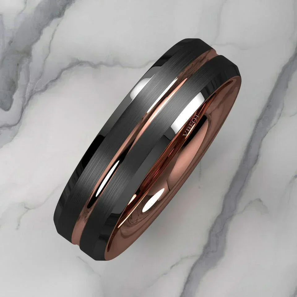 Tungsten Wedding Bands for Women 6mm Black Brushed Rose Gold Rings - Stylish Rings for Her - Jewelry Store by Erik Rayo