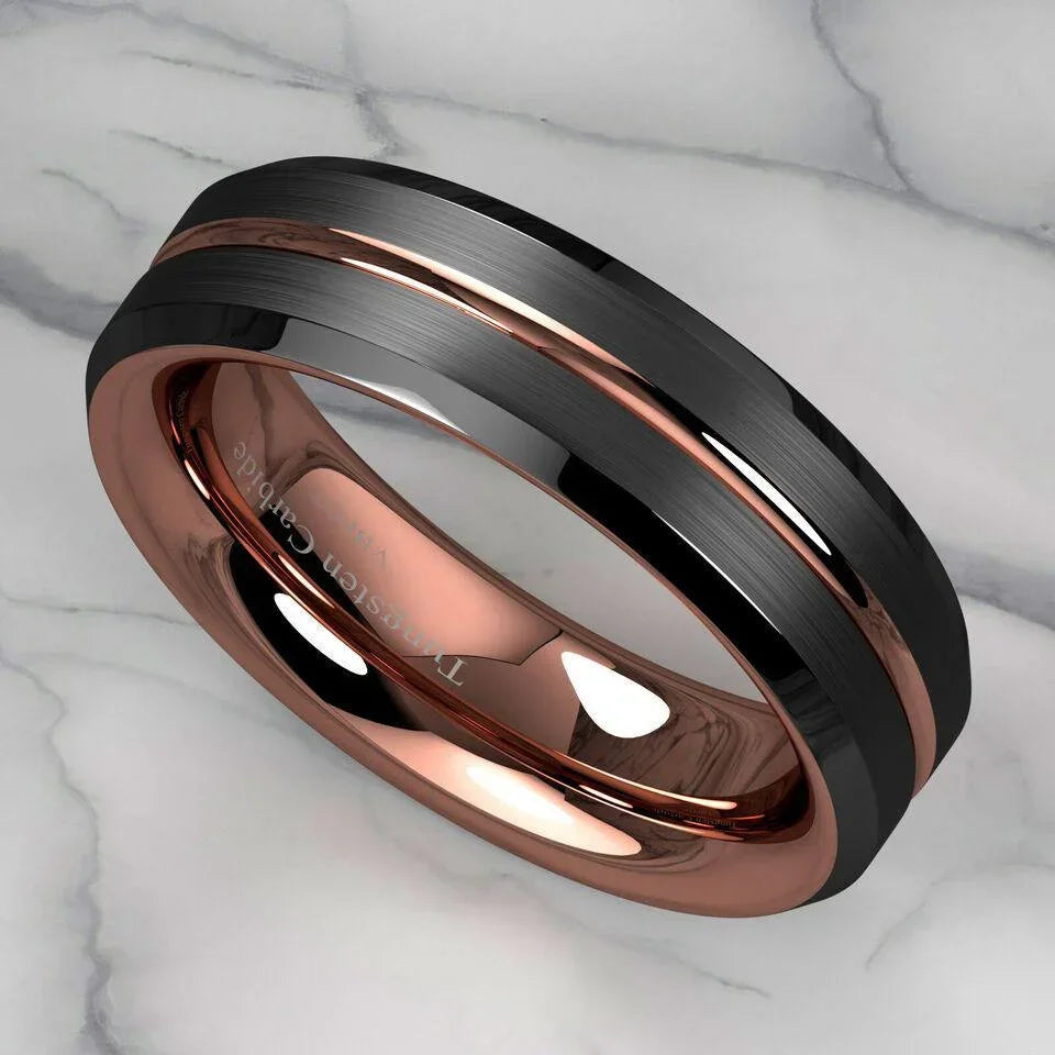 Tungsten Wedding Bands for Women 6mm Black Brushed Rose Gold Rings - Stylish Rings for Her - Jewelry Store by Erik Rayo