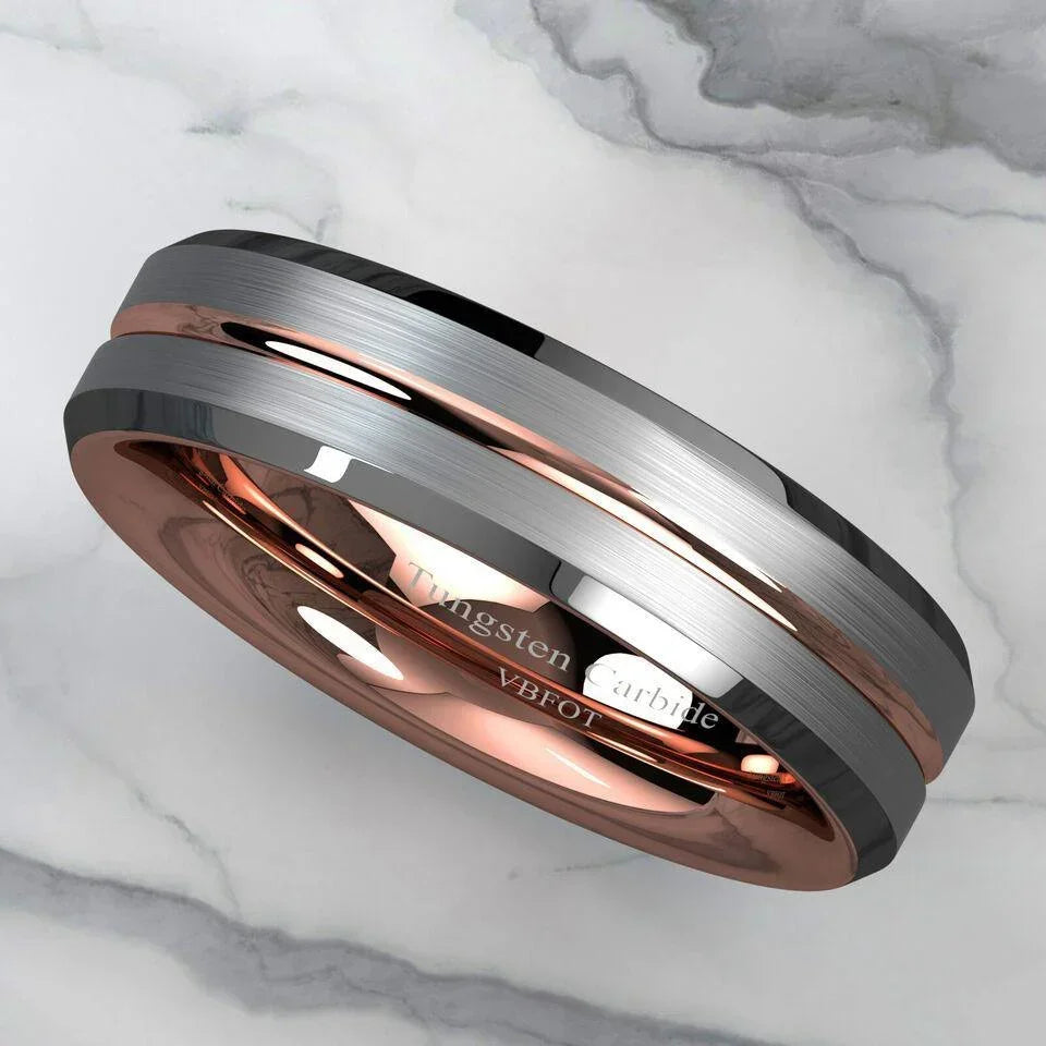 Tungsten Wedding Bands for Women - 6mm Silver Brushed Rose Gold Ring - Elegant Wedding Rings for Her - Jewelry Store by Erik Rayo
