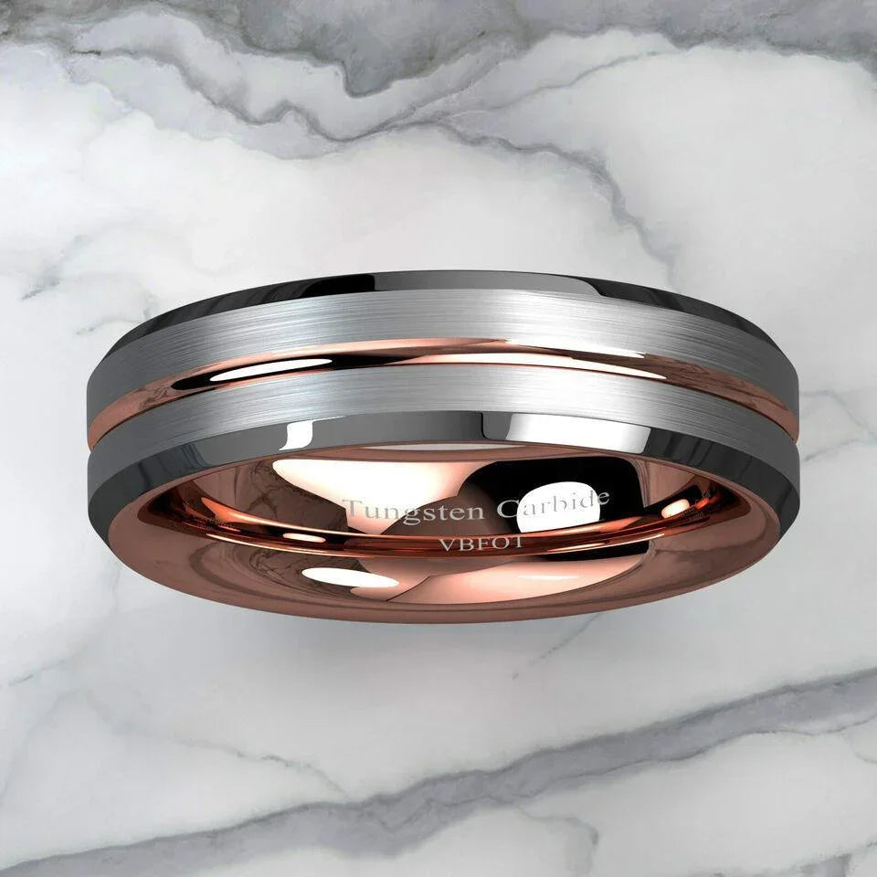 Tungsten Wedding Bands for Women - 6mm Silver Brushed Rose Gold Ring - Elegant Wedding Rings for Her - Jewelry Store by Erik Rayo
