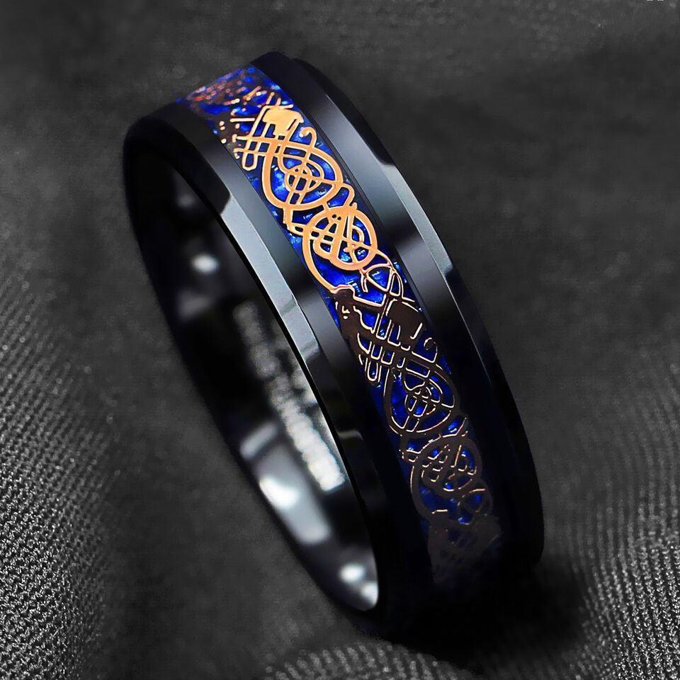 Men’s Wedding Band Ring - Rose Gold Celtic Dragon with Blue Carbon Fiber - Unisex Wedding Rings - Jewelry Store by Erik Rayo