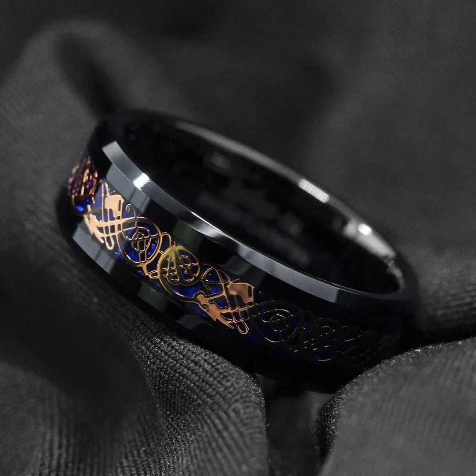 Men’s Wedding Band Ring - Rose Gold Celtic Dragon with Blue Carbon Fiber - Unisex Wedding Rings - Jewelry Store by Erik Rayo