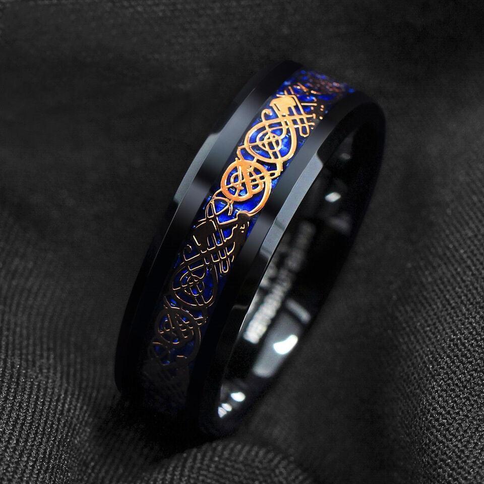 Men’s Wedding Band Ring - Rose Gold Celtic Dragon with Blue Carbon Fiber - Unisex Wedding Rings - Jewelry Store by Erik Rayo